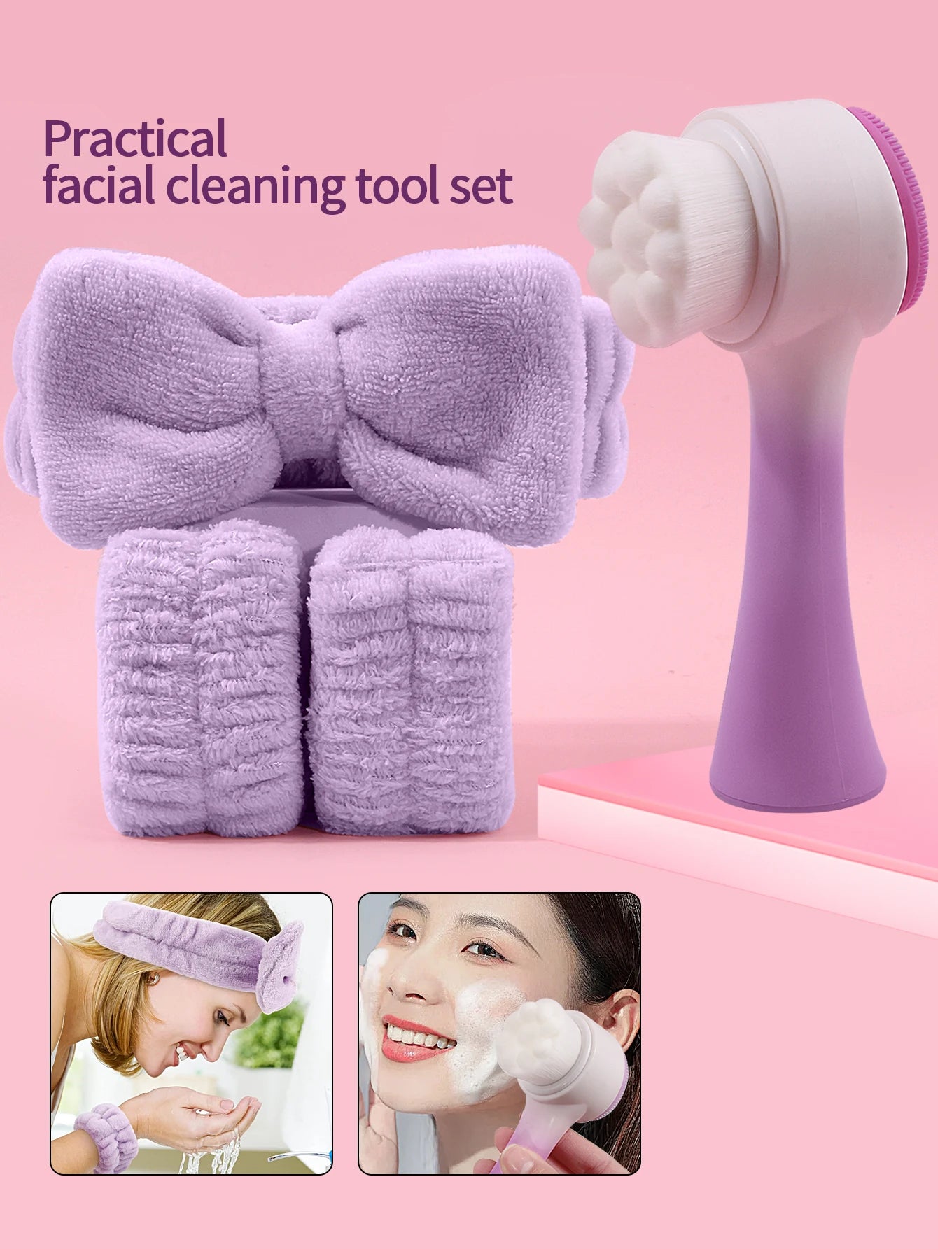 4-in-1 Facial Cleansing & Skincare Set – Plush Headband, Wristbands & Dual-Sided Face Brush