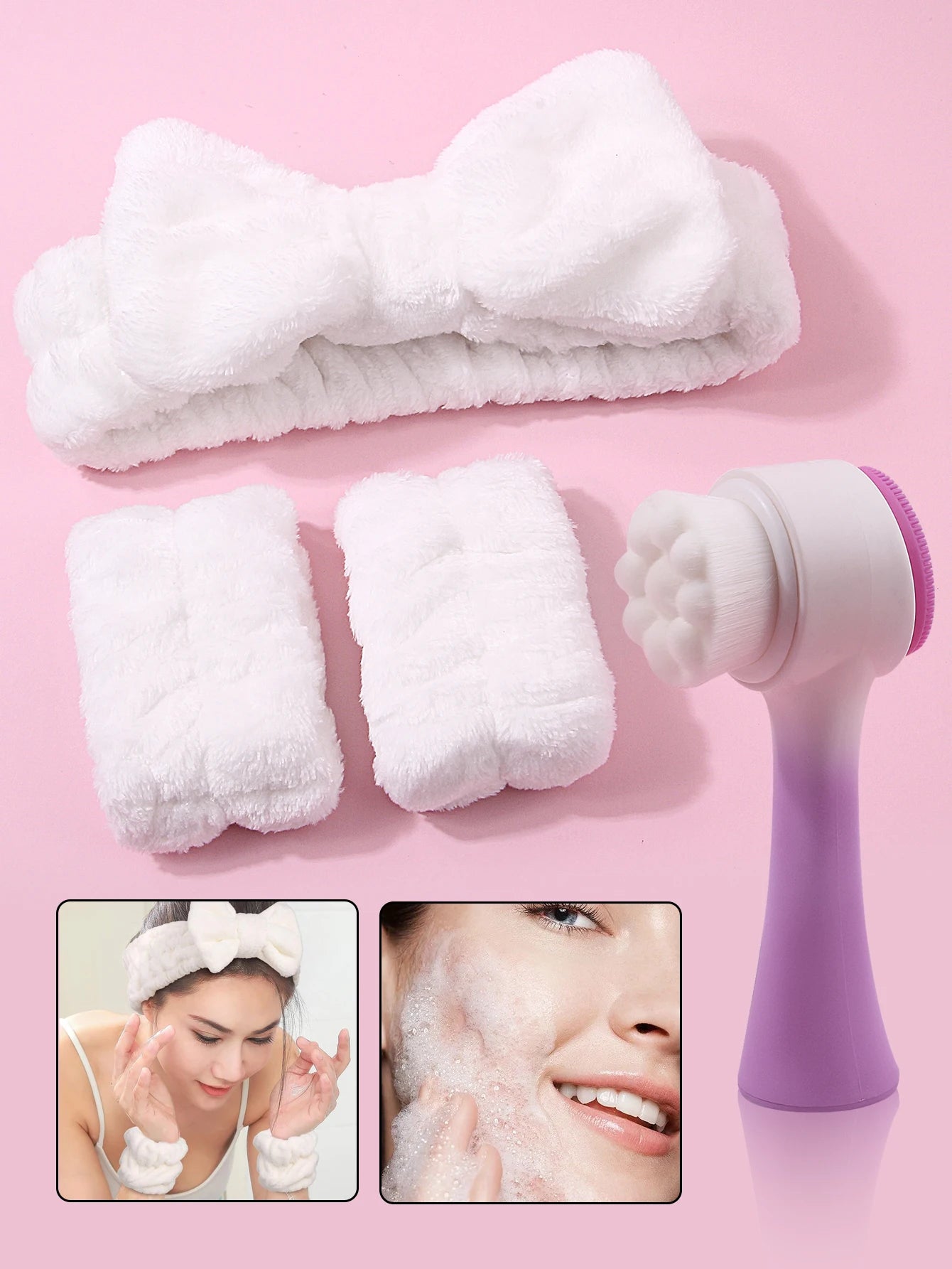 4-in-1 Facial Cleansing & Skincare Set – Plush Headband, Wristbands & Dual-Sided Face Brush