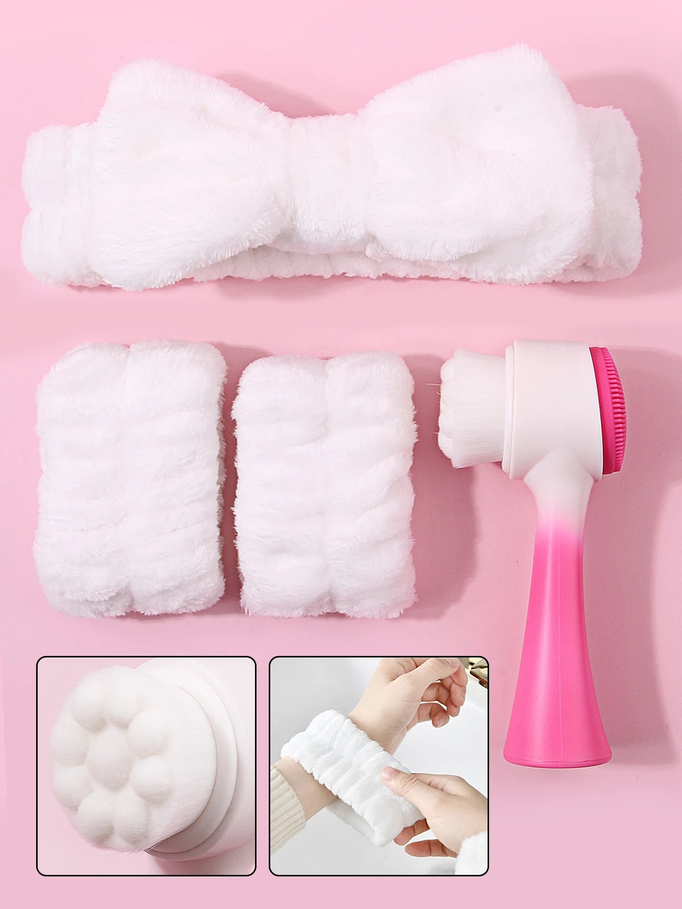 4-in-1 Facial Cleansing & Skincare Set – Plush Headband, Wristbands & Dual-Sided Face Brush