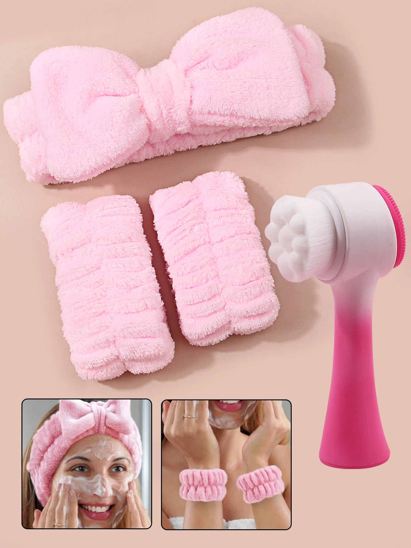 4-in-1 Facial Cleansing & Skincare Set – Plush Headband, Wristbands & Dual-Sided Face Brush