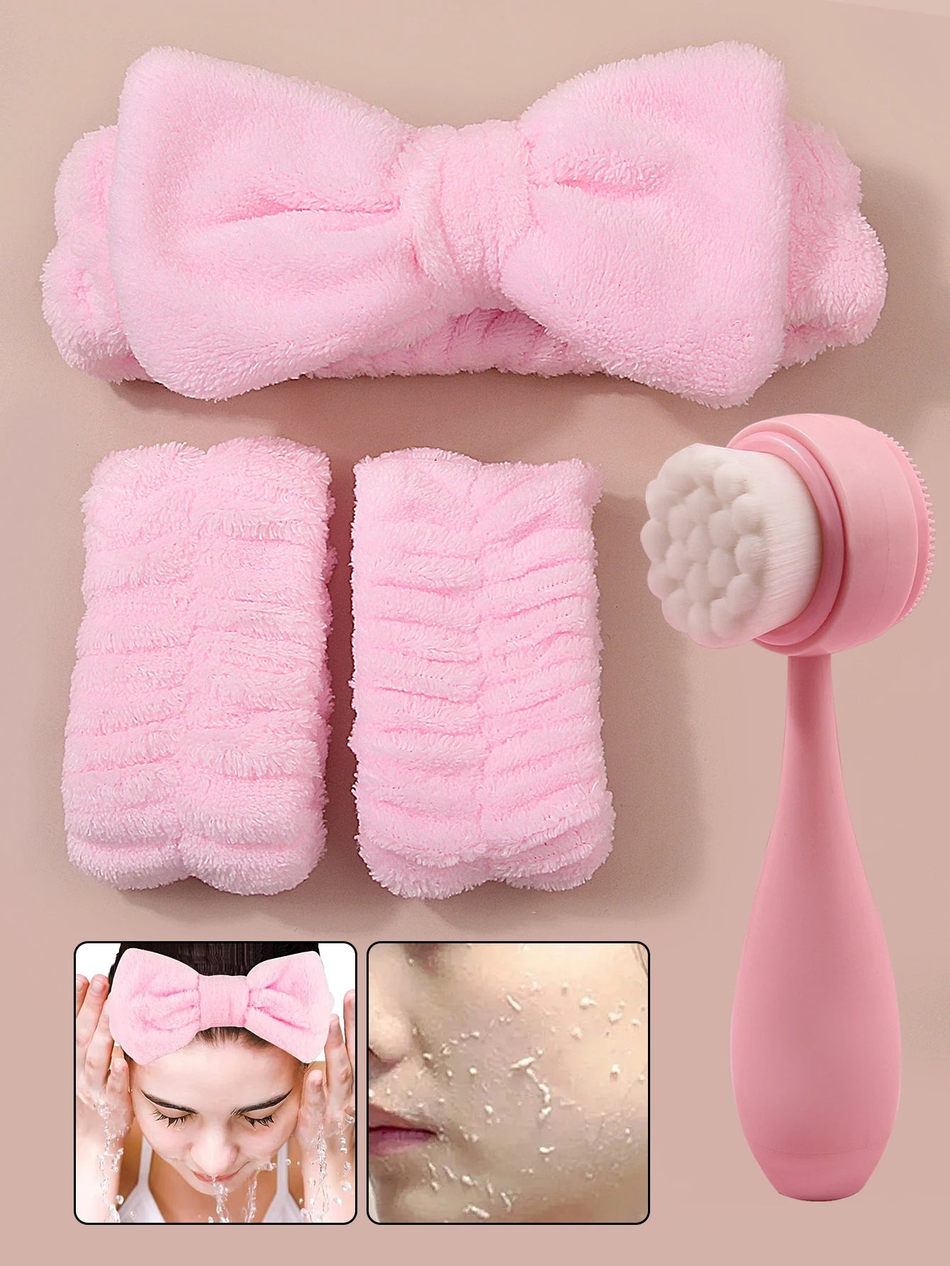 4-in-1 Facial Cleansing & Skincare Set – Plush Headband, Wristbands & Dual-Sided Face Brush