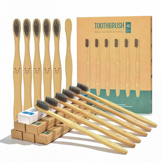 12PCS Bamboo Toothbrush Set – Eco-Friendly, Biodegradable Wooden Toothbrushes, Soft Charcoal Bristles, Sustainable Oral Care for Adults